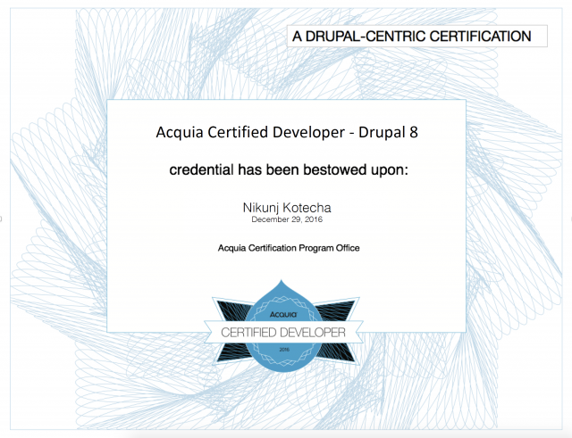 Certificate: Acquia Certified Developer - Drupal 8